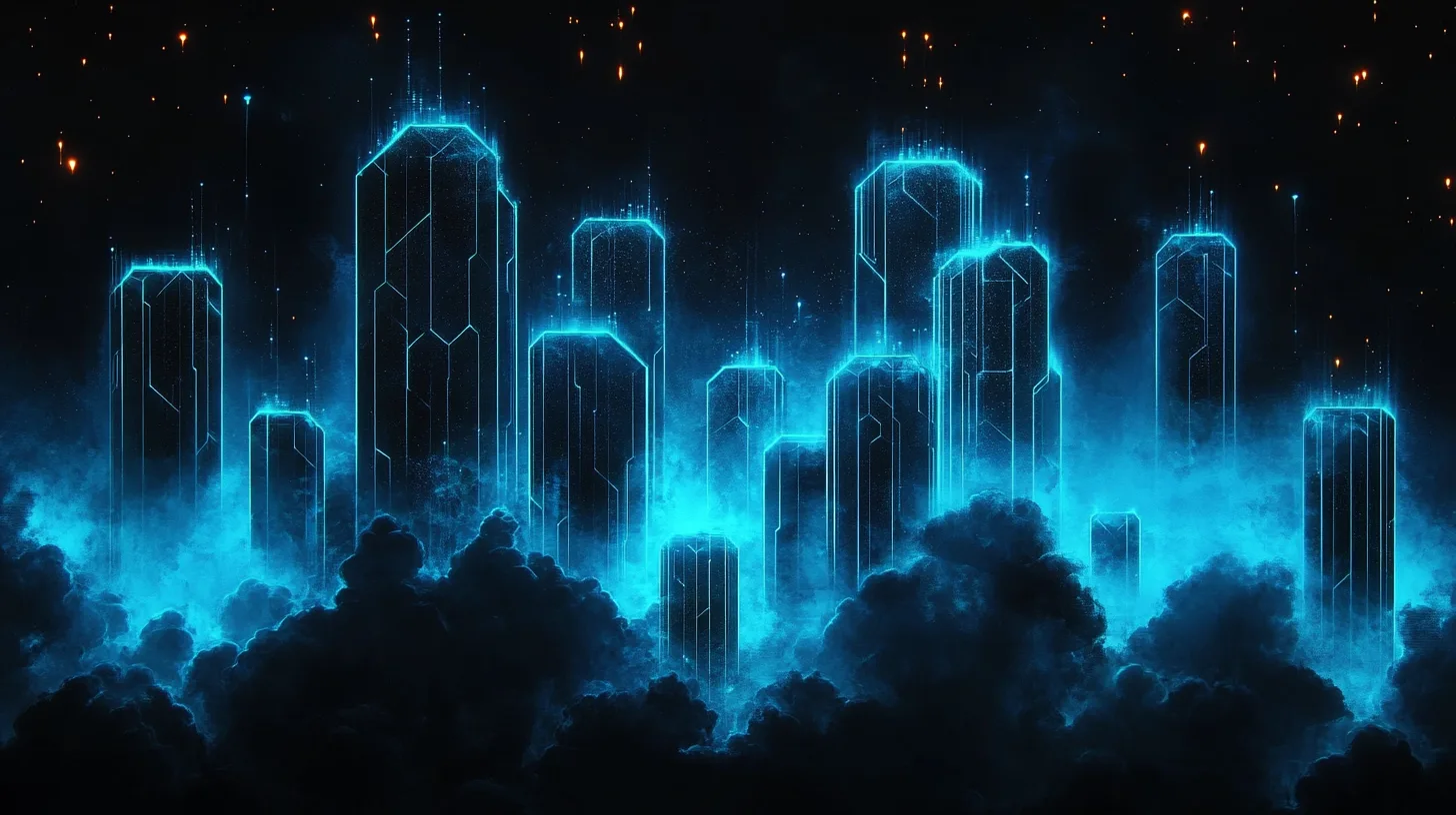 Bright blue, futuristic skyline above dark clouds
