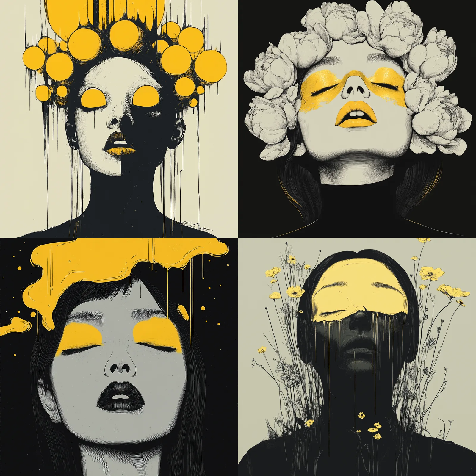 Four graphic portraits of women in black, white and yellow with flowers and paint drops