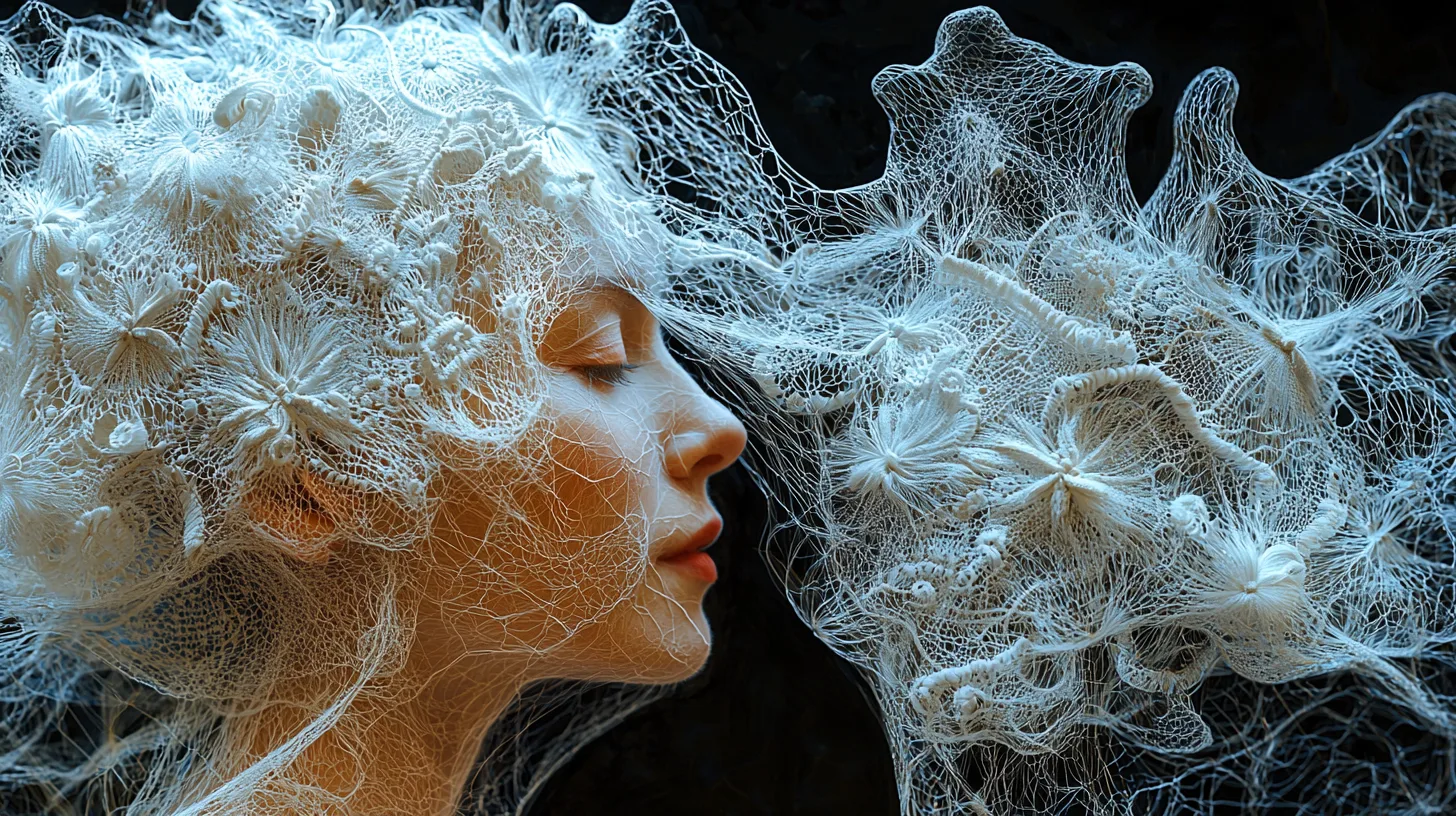 Female profile merging into a web of white net structures