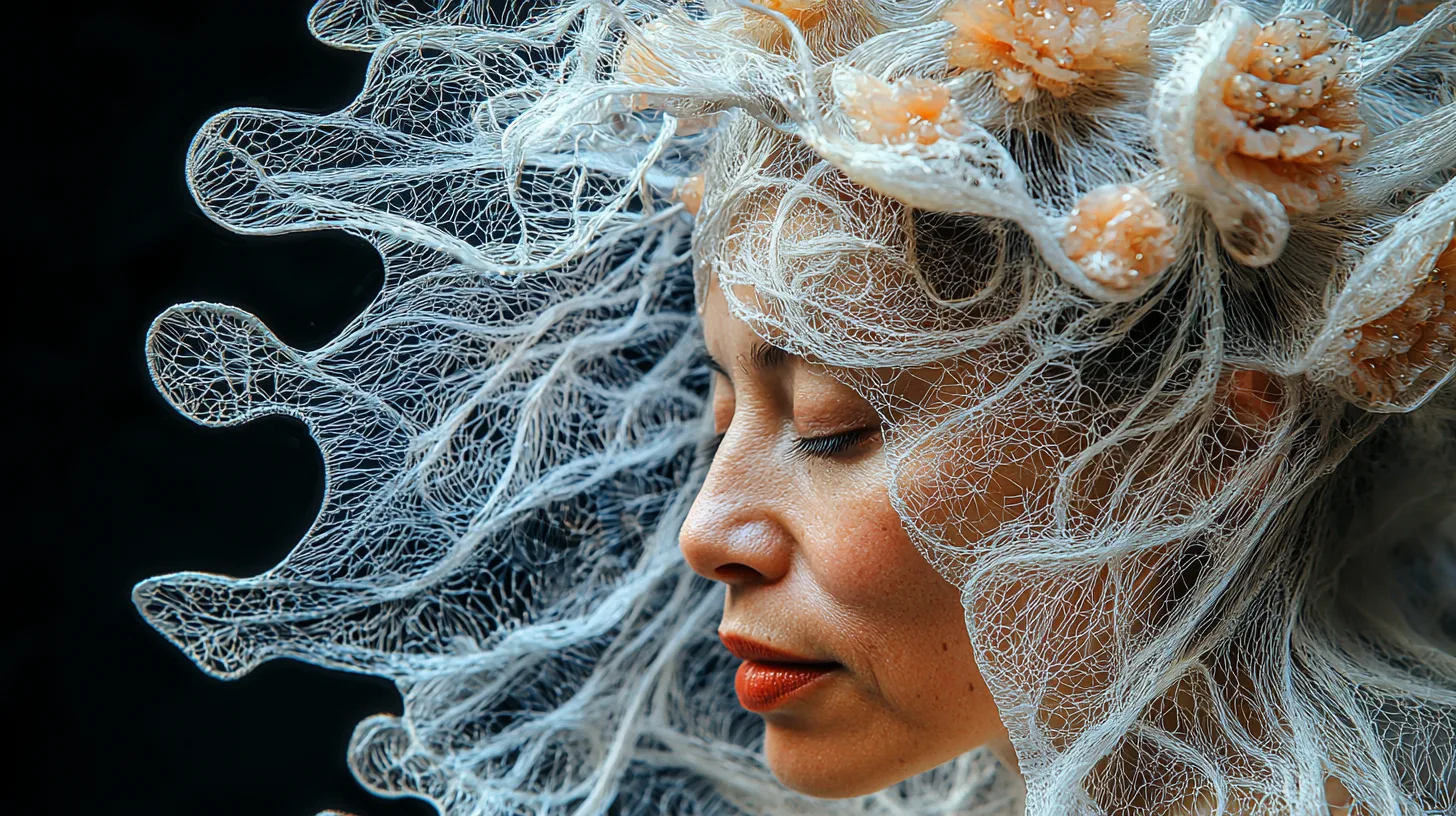 Woman's face in profile, surrounded by fine white threads and delicate blossoms