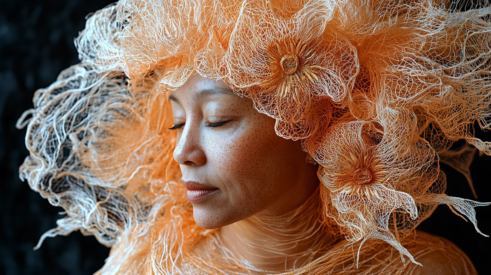 Woman with closed eyes, wrapped in glowing orange threads and blossoms