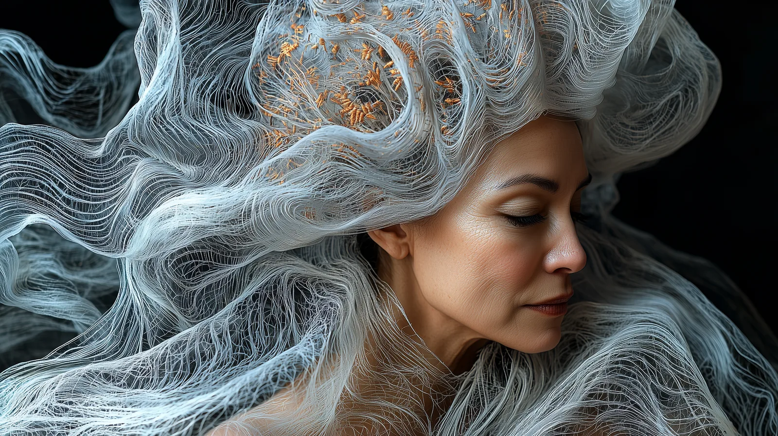 Woman in profile with flowing, thread-like white hair against a dark background