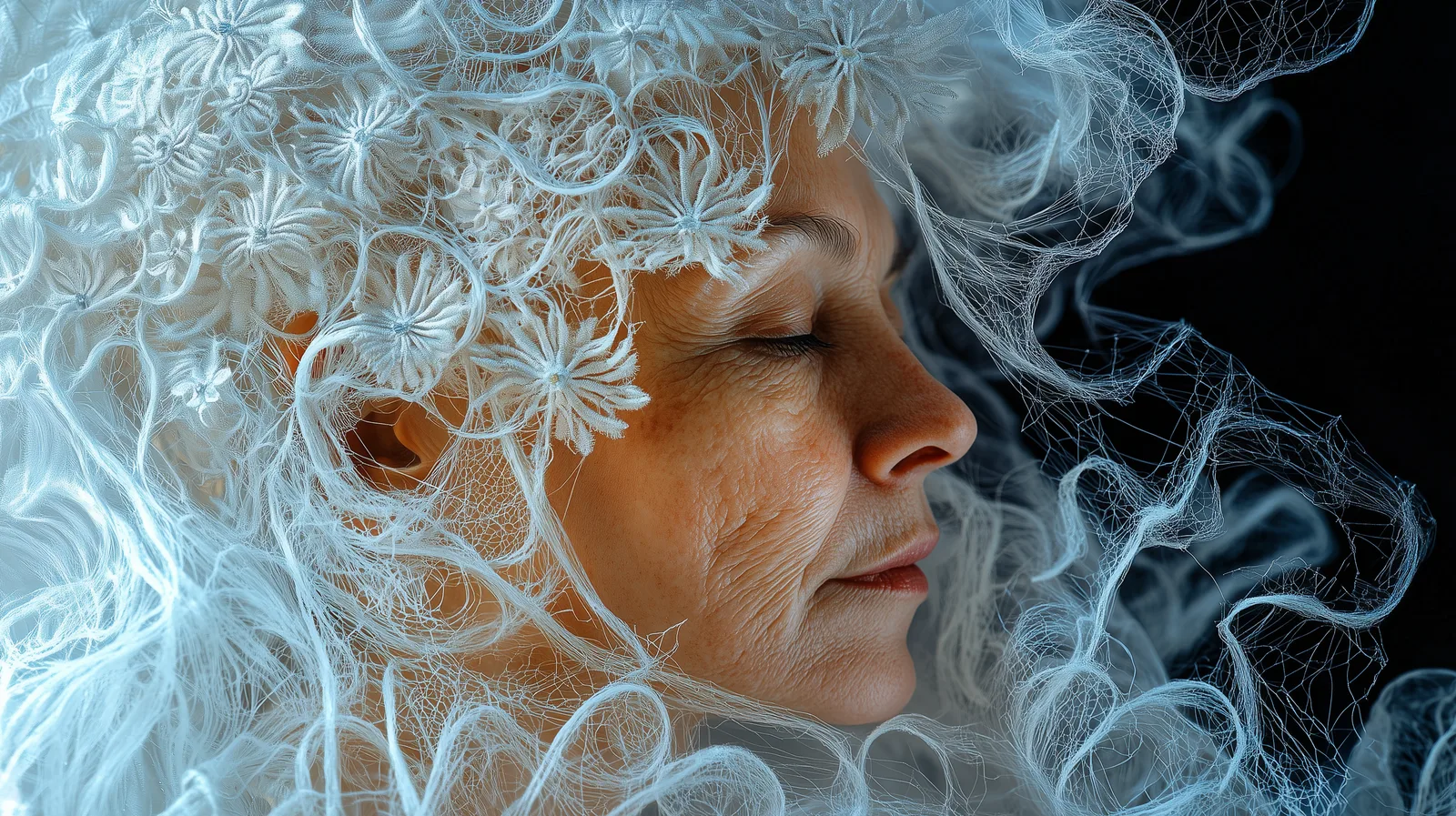 Older woman with closed eyes, surrounded by white blossom threads