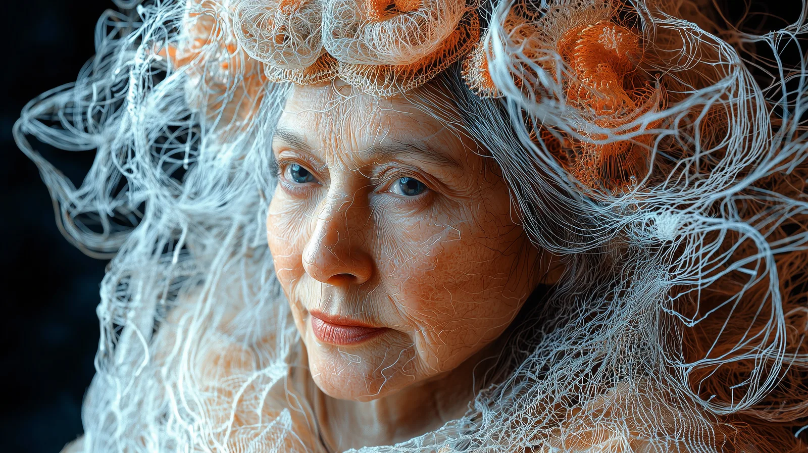 Older woman looking into the camera, her hair made of white and orange threads
