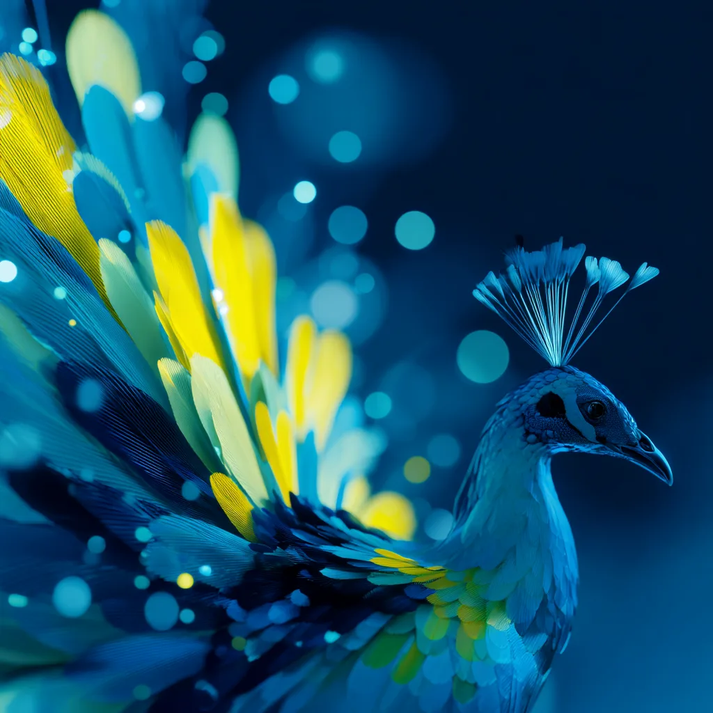 Peacock with blue and yellow feathers against a dark blue background