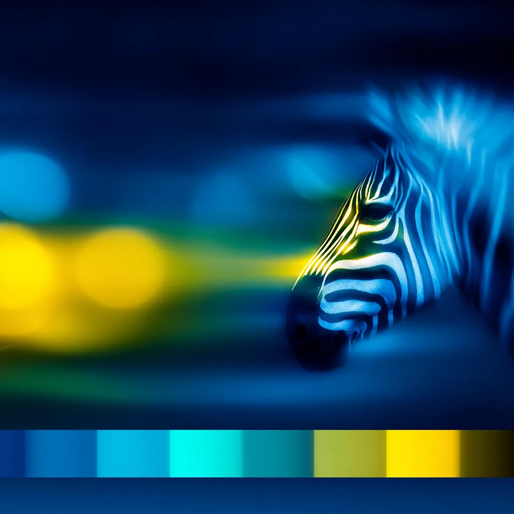Zebra in motion against a blue background, with a colour palette below