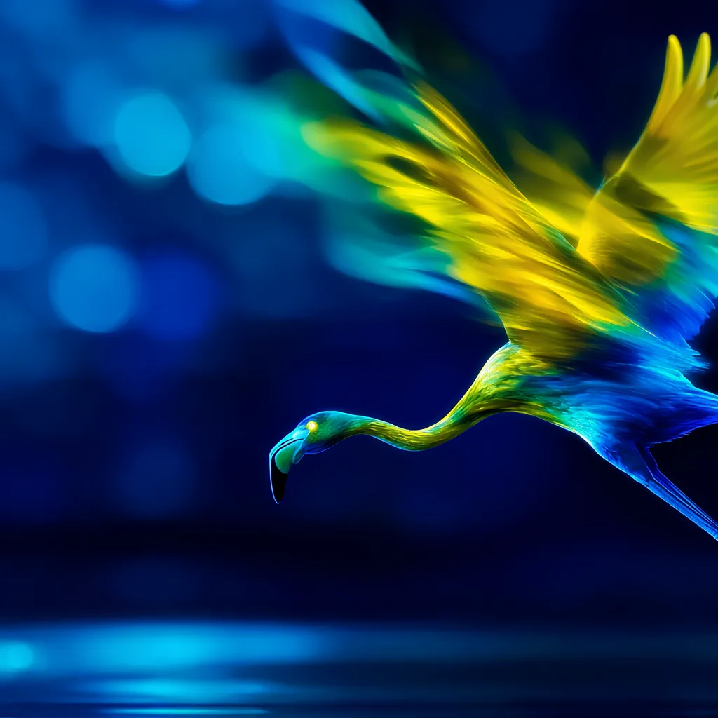 Flamingo in flight in blue and yellow against a night background