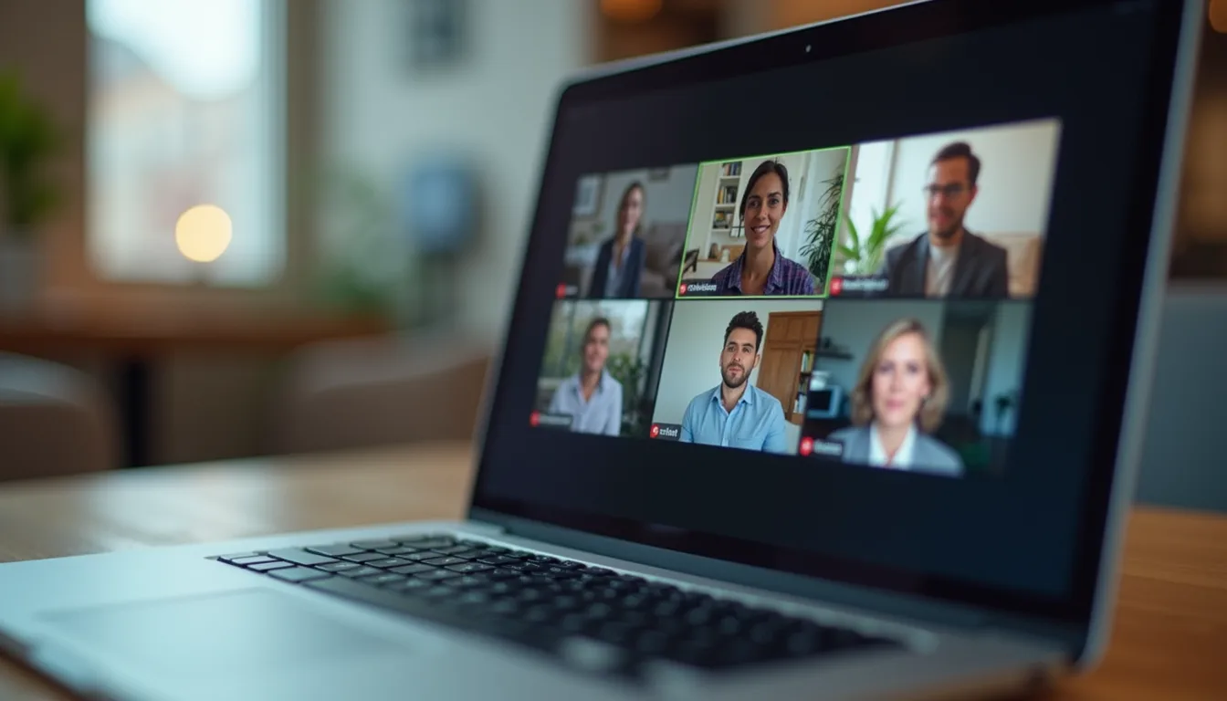 Laptop showing a video call with six participants on the screen