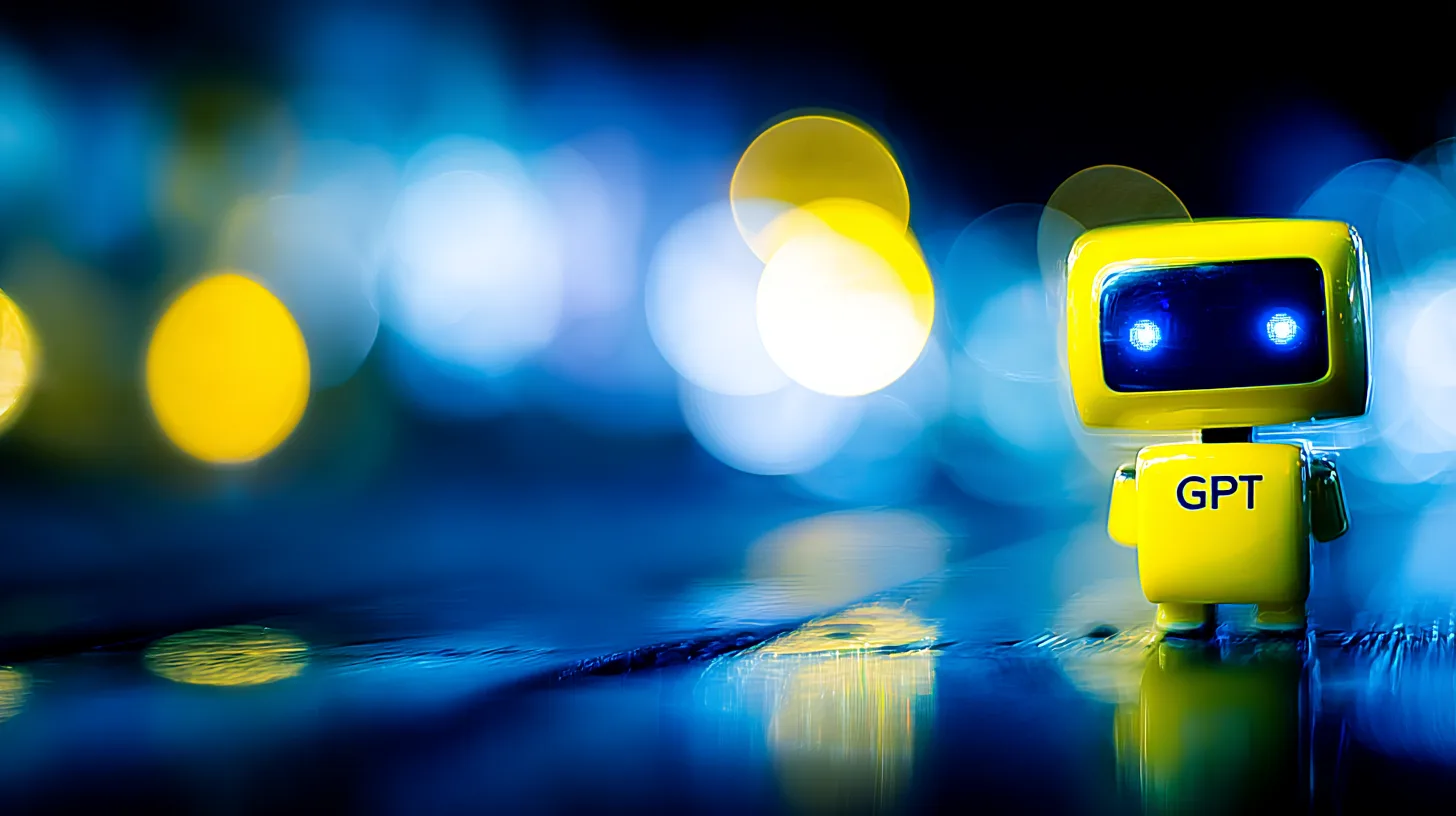 Small yellow robot with the letters GPT in front of blue lights
