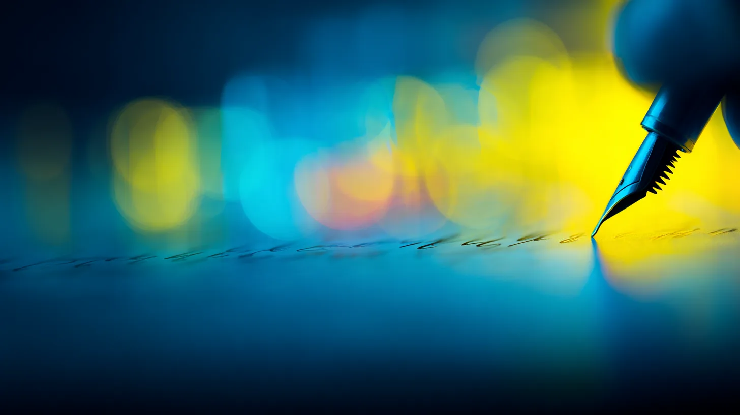 Fountain pen writing in front of a blurred blue and yellow background