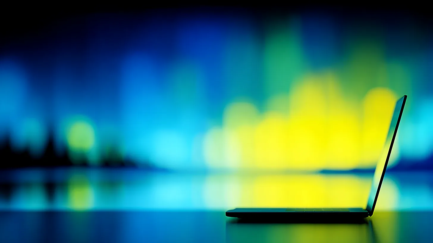 Open laptop in front of blurred blue and yellow lights