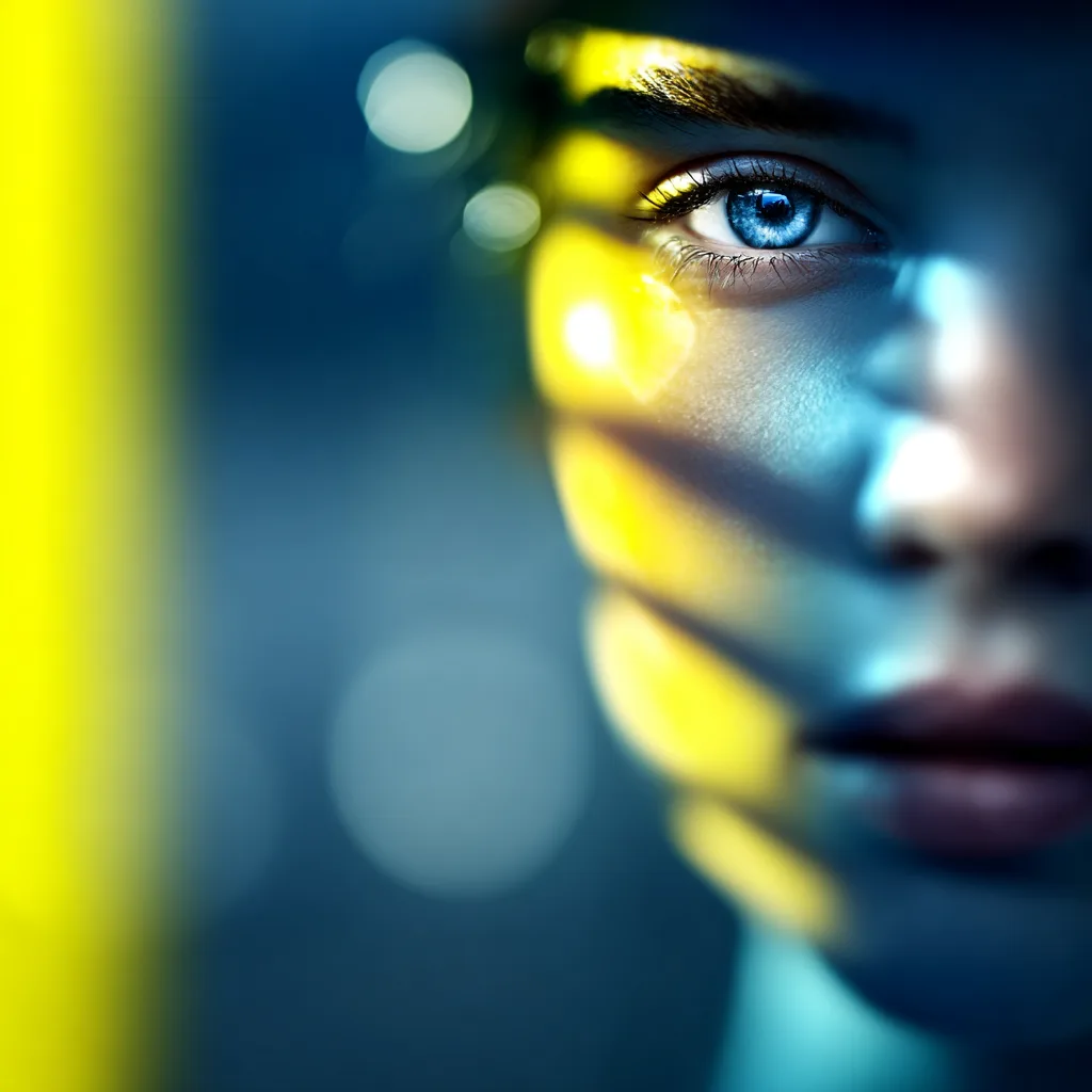 A woman's face half in shadow, with a strip of yellow light across her eyes