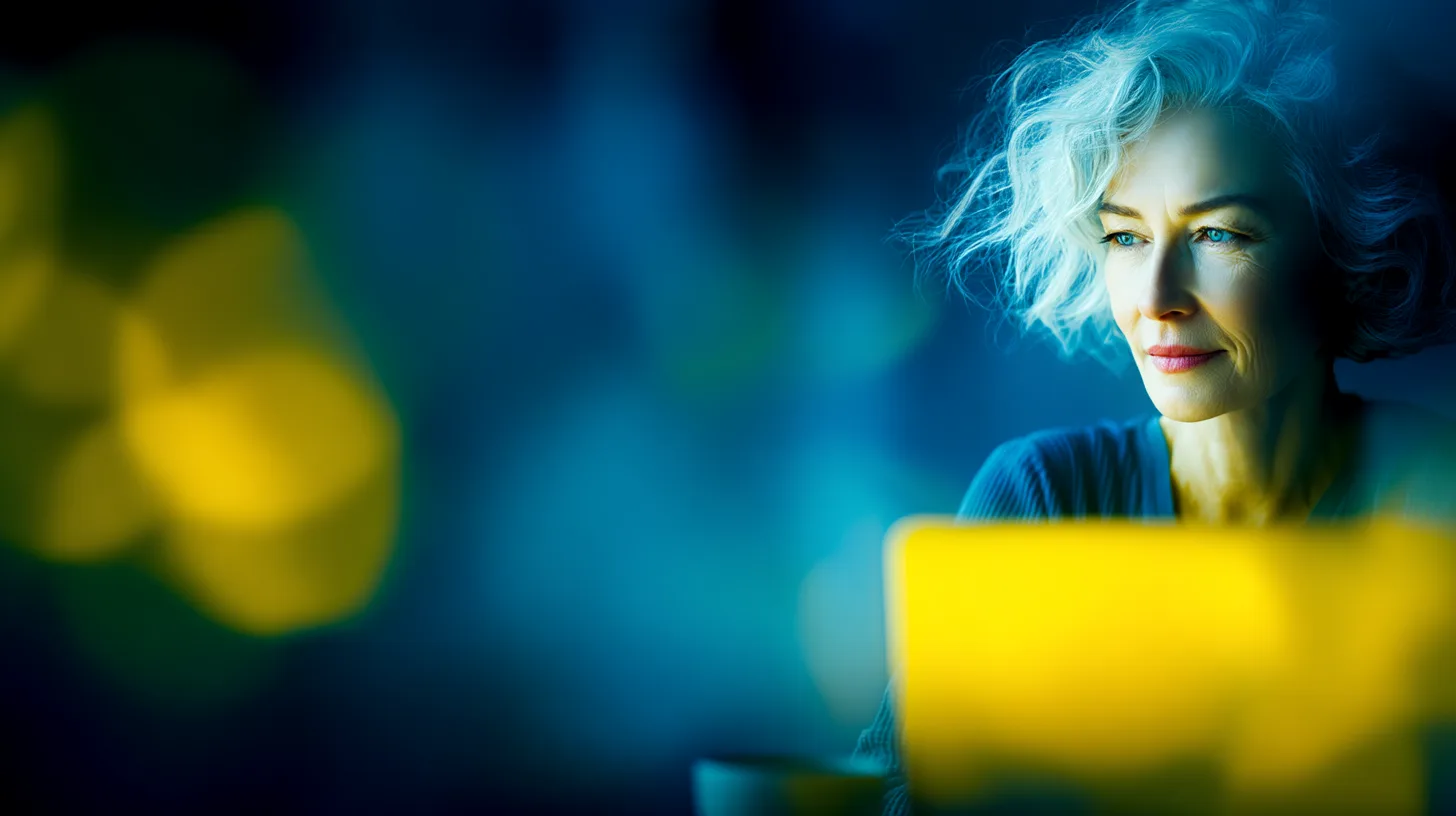 A woman with grey hair working on a laptop glowing yellow