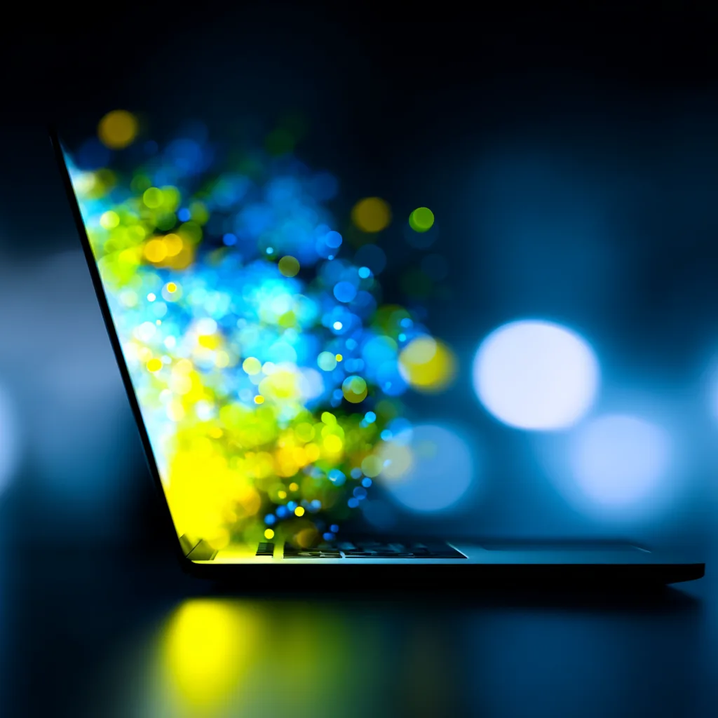 A laptop with blue and yellow particles of light streaming out of its screen