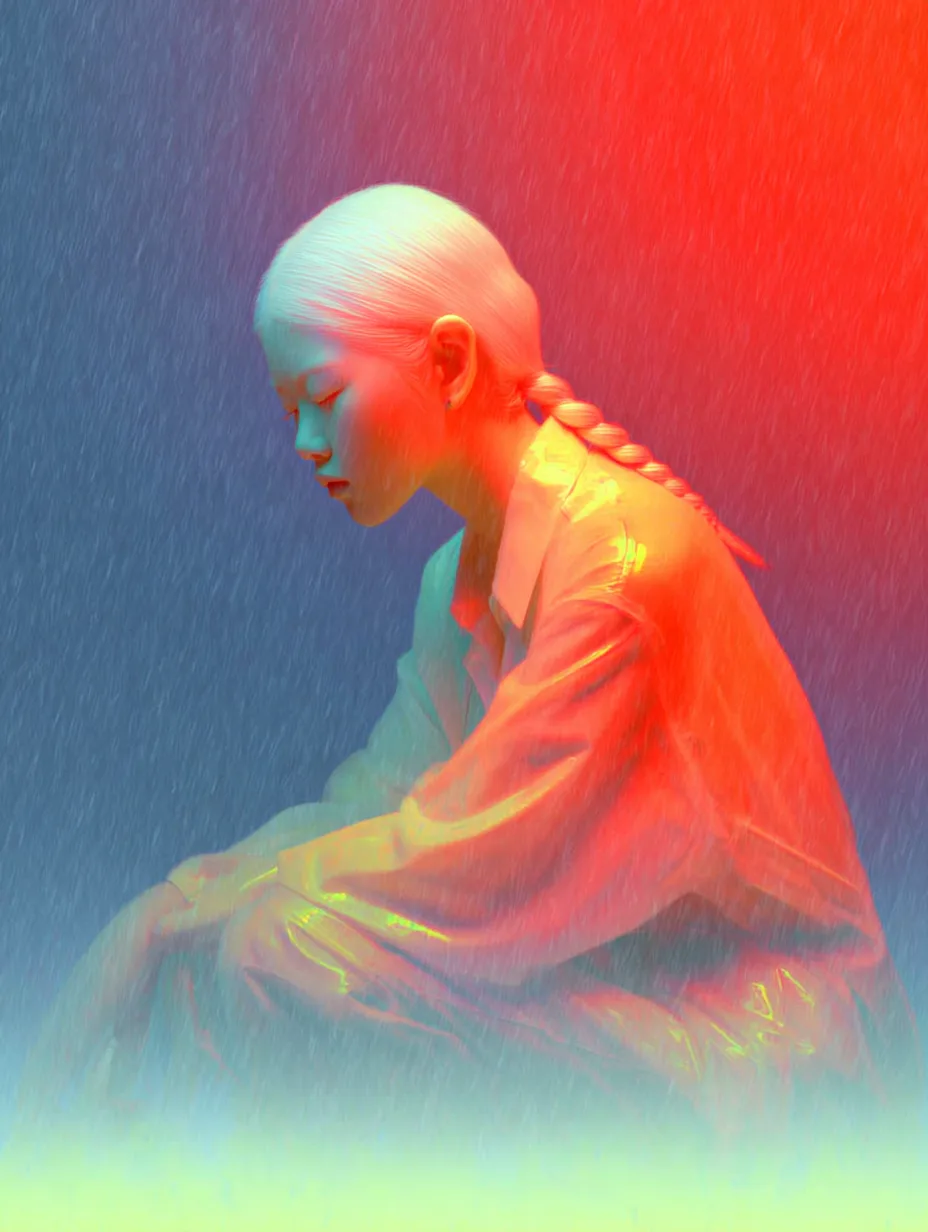 AI image of a seated woman in glowing red and blue