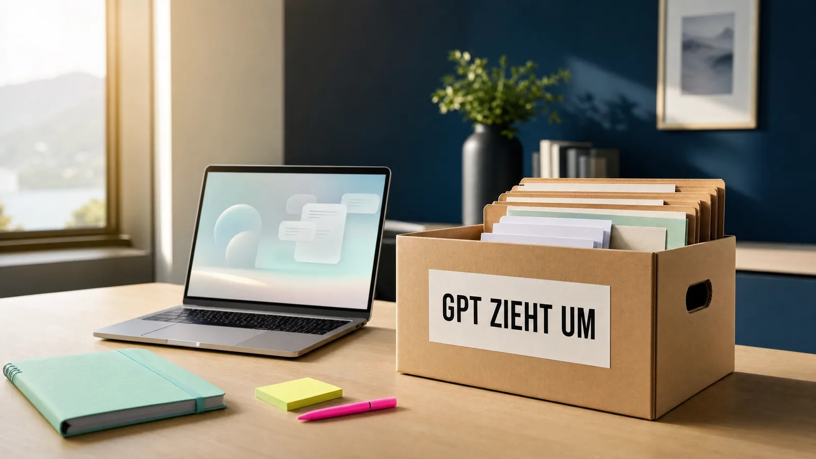 Schreibtisch mit Laptop und einer Umzugskiste voller Ordner, auf der Kiste steht «GPT zieht um».