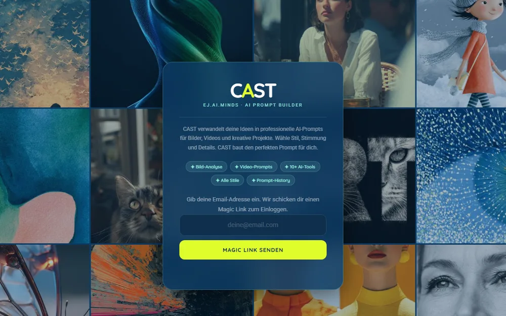 CAST, der AI Prompt Builder von ej.AI.minds, vor einem Mosaik aus Bildern