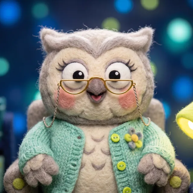 Filzfigur Lexi, die alte Eule mit Brille und Strickjacke