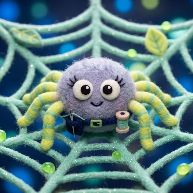 Filzfigur Netti, die Spinne, in ihrem Netz
