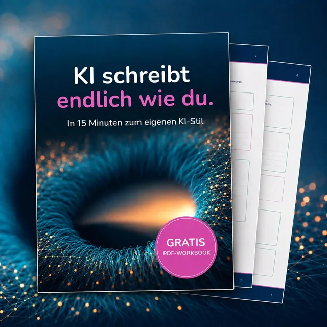 Titelbild des Gratis-Workbooks «KI schreibt endlich wie du», in 15 Minuten zum eigenen KI-Stil