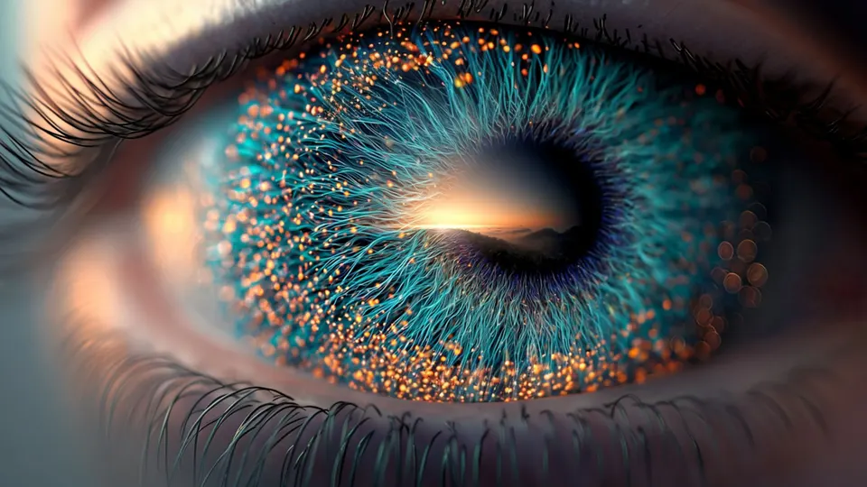 Leuchtende Iris in Türkis und Gold, ein KI-Bild in der Bildsprache von ej.AI.minds