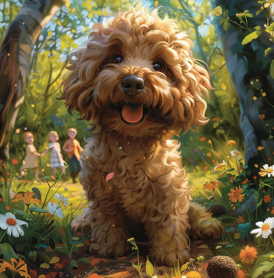Buchcover Detektiv Mushu, Trüffelalarm im Park: ein lockiger Lagotto-Hund im herbstlichen Park